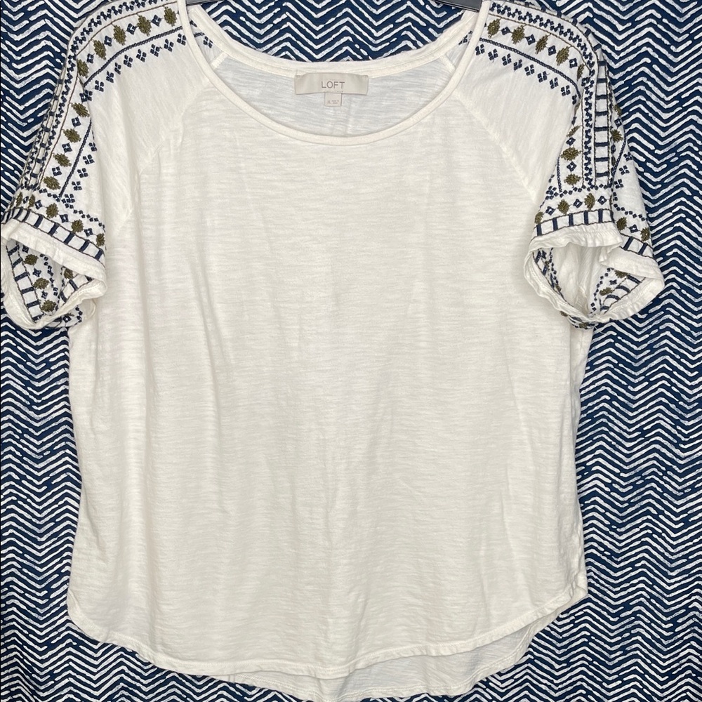 LOFT Cream Embroidered Short Sleeve Top